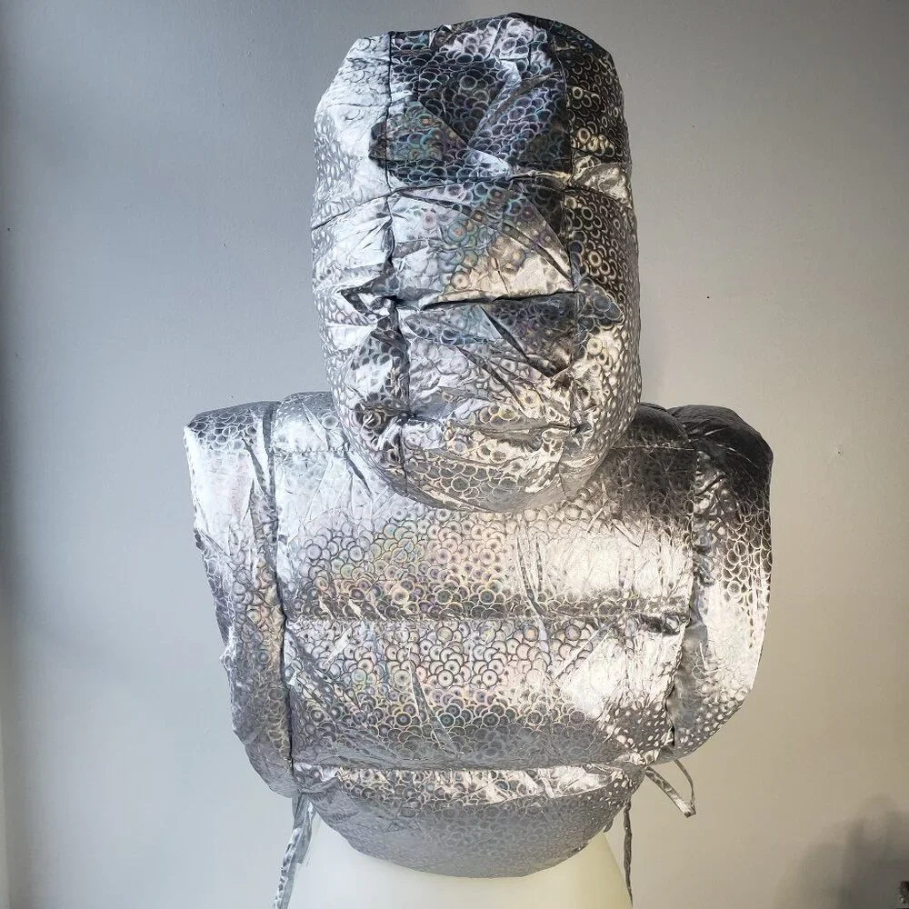 Silver Shine Holographic Crop Puffer Vest Rave Gem Y2K Style Zip + Side Strings - Picture 4 of 12